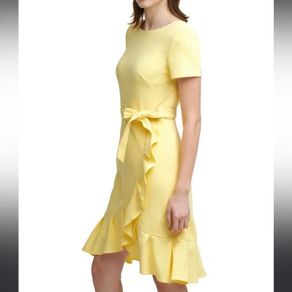 Calvin Klein Women's Yellow Ruffled Tulip-hem Short Sleeve Back Zip Crepe Dress - Picture 5 of 15